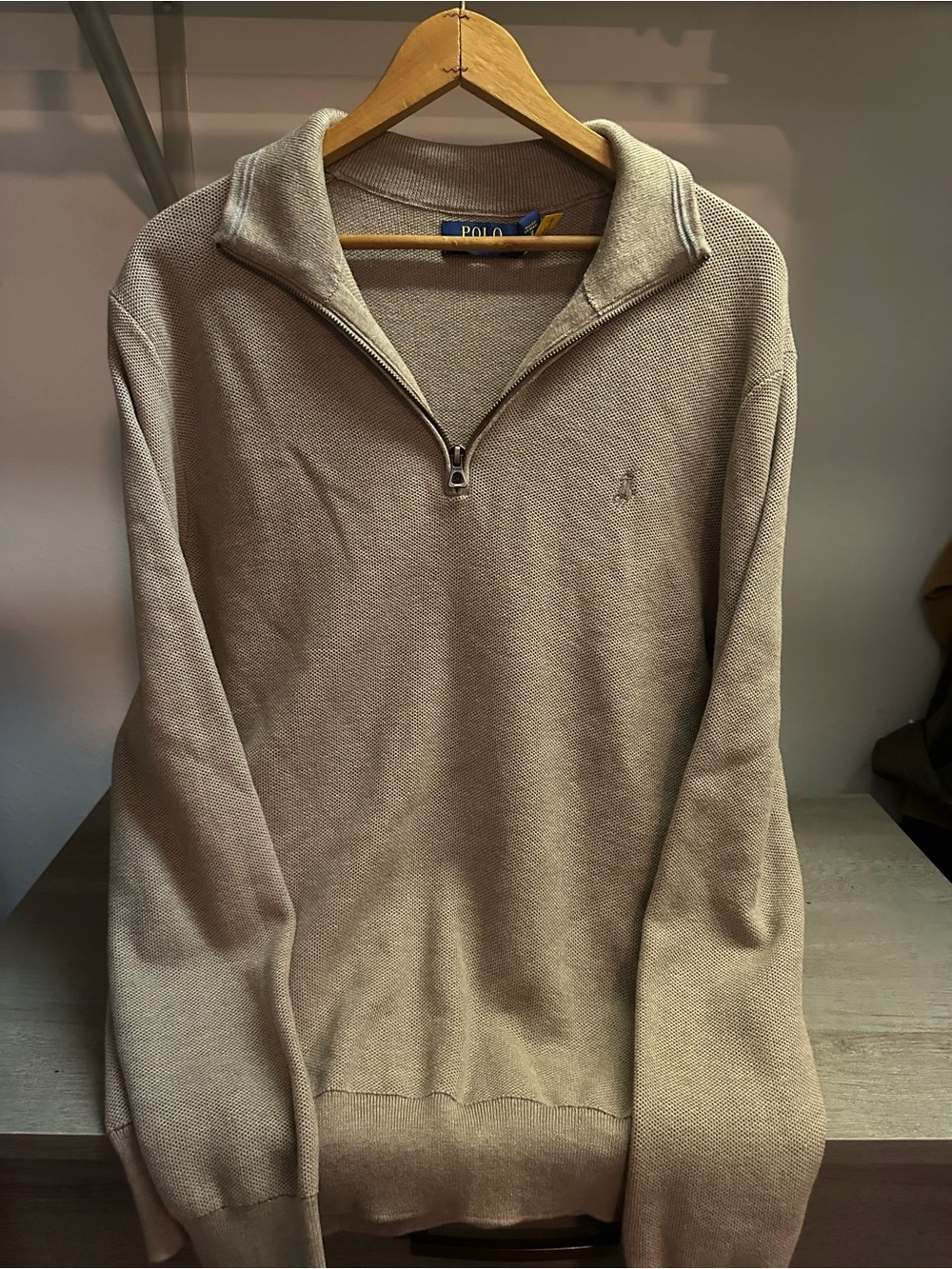 Polo Ralph Lauren Light Brown Cotton Quarter Zip Pullover Sweater Size Large